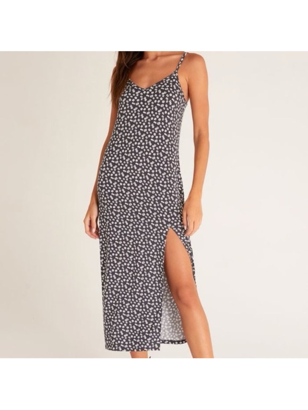 Z Supply Black Floral Slip Midi Dress with Side Slit